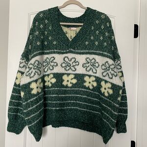 SO Green and White Patterned V-Neck Sweater
